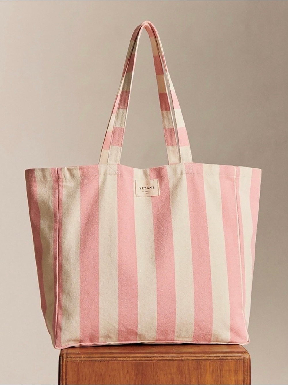 Sezane Pink and Cream Vertical Stripe Tote